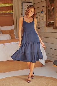 Nora S/less Navy Linen Blend Tiered Midi Dress