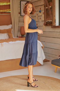 Nora S/less Navy Linen Blend Tiered Midi Dress