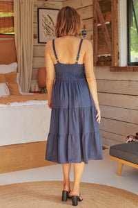 Nora S/less Navy Linen Blend Tiered Midi Dress
