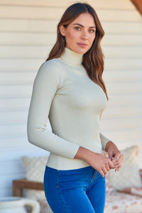 Winnie Ribbed Fitted High Neck Beige Top