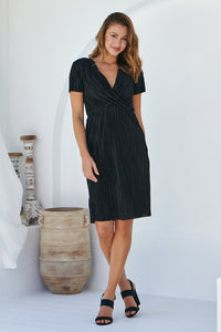 Ribbed Satin Black Short Sleeve Evening Dress