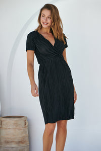 Ribbed Satin Black Short Sleeve Evening Dress