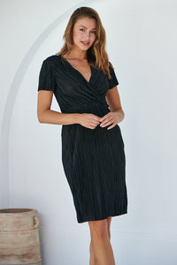 Ribbed Satin Black Short Sleeve Evening Dress