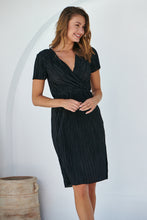 Load image into Gallery viewer, Ribbed Satin Black Short Sleeve Evening Dress