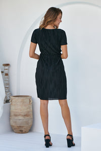 Ribbed Satin Black Short Sleeve Evening Dress