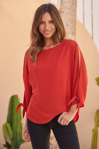 Ophelia Orange 3/4 Split Tie Sleeve Blouse