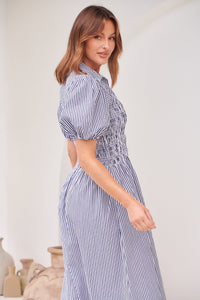 Blu Collared Blue/White Striped Button Front Midi Dress