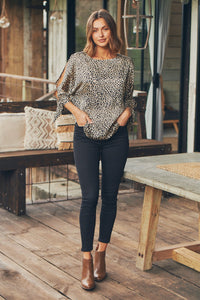 Ophelia Satin Leopard 3/4 Split Tie Sleeve Blouse