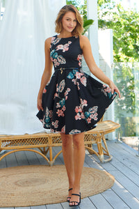 Ibigale Black/Pink Floral Belted Aline Classic Dress
