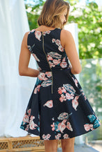 Load image into Gallery viewer, Ibigale Black/Pink Floral Belted Aline Classic Dress