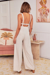 Amira Beige Linen Backless Jumpsuit