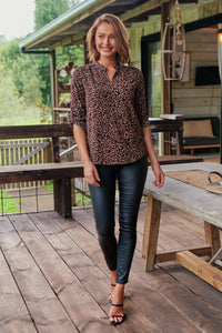 Sara Black/Brown Animal Print V Neck Shirt