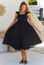 Load image into Gallery viewer, Raquel Frill Shoulder Shirred Bust Black Midi Dress