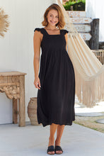 Load image into Gallery viewer, Raquel Frill Shoulder Shirred Bust Black Midi Dress