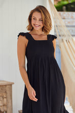 Load image into Gallery viewer, Raquel Frill Shoulder Shirred Bust Black Midi Dress