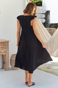 Raquel Frill Shoulder Shirred Bust Black Midi Dress
