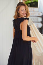 Load image into Gallery viewer, Raquel Frill Shoulder Shirred Bust Black Midi Dress