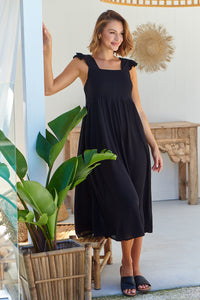 Raquel Frill Shoulder Shirred Bust Black Midi Dress