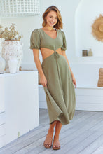 Load image into Gallery viewer, Vivienne Linen Khaki Cutout Puff Sleeve Dress