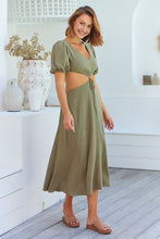 Load image into Gallery viewer, Vivienne Linen Khaki Cutout Puff Sleeve Dress
