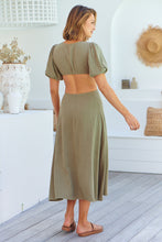 Load image into Gallery viewer, Vivienne Linen Khaki Cutout Puff Sleeve Dress