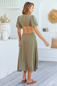 Vivienne Linen Khaki Cutout Puff Sleeve Dress