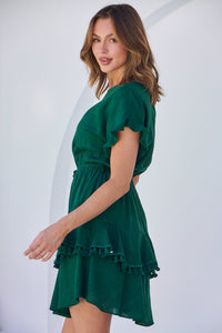 Brooklyn Frill Sleeve Emerald Green Linen Dress