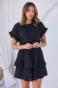 Brooklyn Frill Sleeve Black Linen Dress