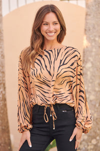 Riva Gold/Black Print Long Sleeve Drawstring Top
