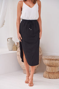 Maris Black Tie Waist Midi Side Split Skirt