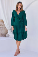 Load image into Gallery viewer, Keesha Emerald Cross Over Side Long Sleeve Tie Maxi Dress