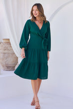Load image into Gallery viewer, Keesha Emerald Cross Over Side Long Sleeve Tie Maxi Dress