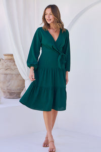 Keesha Emerald Cross Over Side Long Sleeve Tie Maxi Dress