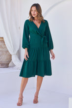 Load image into Gallery viewer, Keesha Emerald Cross Over Side Long Sleeve Tie Maxi Dress