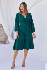 Keesha Emerald Cross Over Side Long Sleeve Tie Maxi Dress