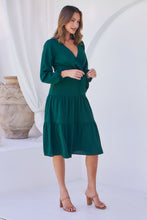 Load image into Gallery viewer, Keesha Emerald Cross Over Side Long Sleeve Tie Maxi Dress