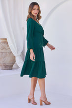Load image into Gallery viewer, Keesha Emerald Cross Over Side Long Sleeve Tie Maxi Dress