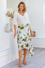 Load image into Gallery viewer, Acacia White/Green Leaf Print Wrap Maxi Skirt
