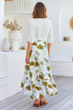 Load image into Gallery viewer, Acacia White/Green Leaf Print Wrap Maxi Skirt