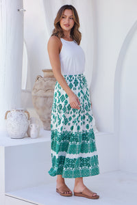 Lyla Green/White Paisley Print Maxi Skirt