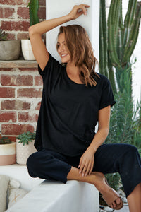 Micaela Black Batwing Sleeve Cotton Tee