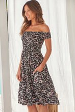 Load image into Gallery viewer, Soleil Shirred Black Floral Off Shoulder Midi Dress