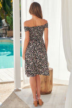 Load image into Gallery viewer, Soleil Shirred Black Floral Off Shoulder Midi Dress