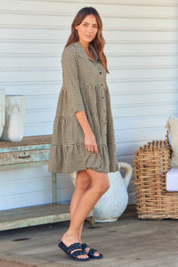 Yarra Tiered Beige/Black Gingham Print Collared Dress