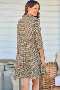 Yarra Tiered Beige/Black Gingham Print Collared Dress