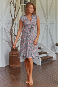 Maggie Grey/Pink Rose Print Midi Dress
