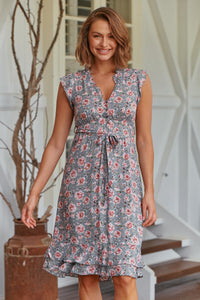 Maggie Grey/Pink Rose Print Midi Dress
