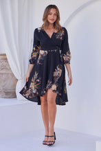 Load image into Gallery viewer, Hailey Cross Over Long Sleeve Black/Orange Print Dress