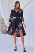 Load image into Gallery viewer, Hailey Cross Over Long Sleeve Black/Orange Print Dress