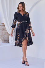 Load image into Gallery viewer, Hailey Cross Over Long Sleeve Black/Orange Print Dress